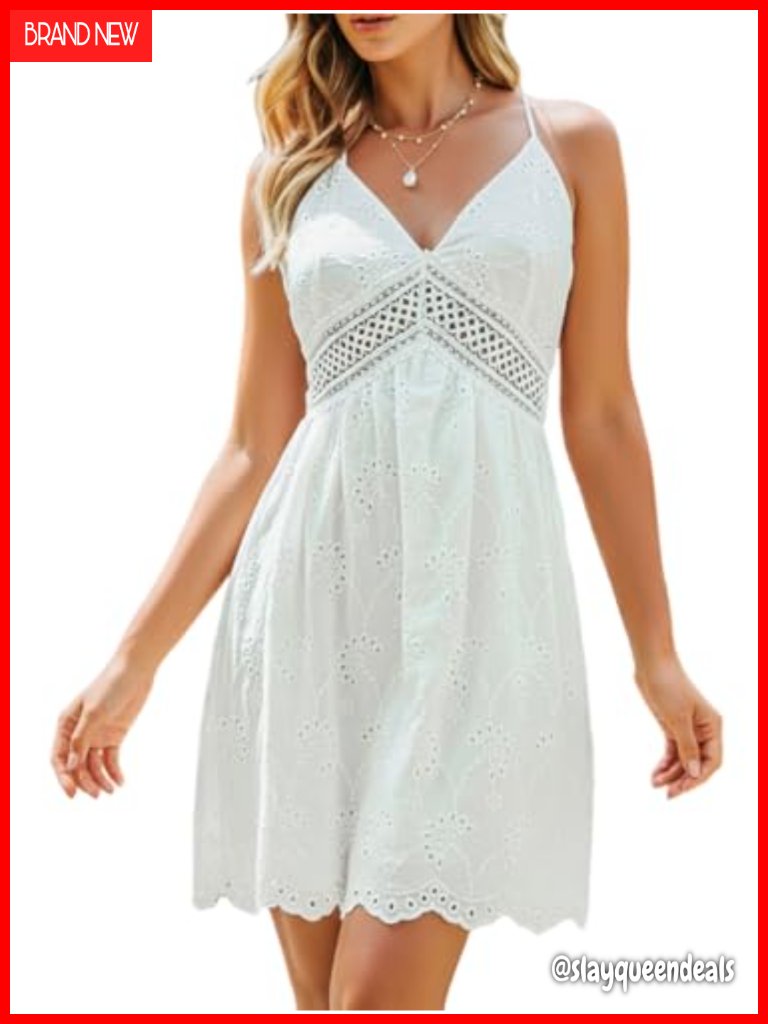 Women's Cotton Halter V Neck Backless Lace Cutout Mini Dress